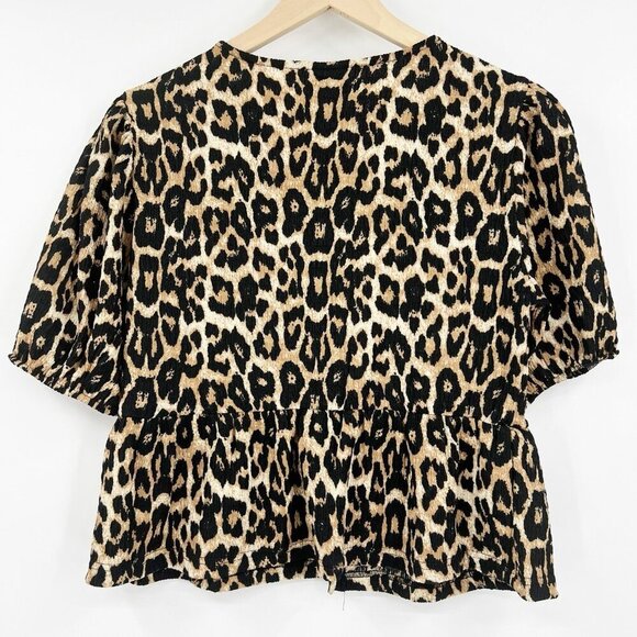 Nordstrom Noisy May Leopard Print Peplum Bow Tie Top Size M Boho Western - Picture 2 of 5